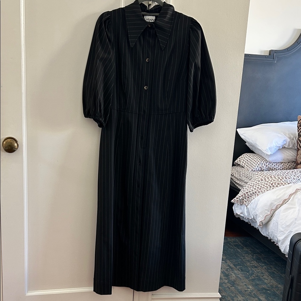 Ganni Black Pinstripe Long Sleeve Dress